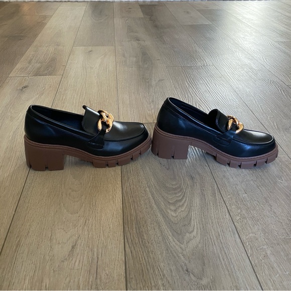 7/7.5 Tinstree Black and Brown Chunky Lug Sole Loafers with Gold Chain - Picture 3 of 7